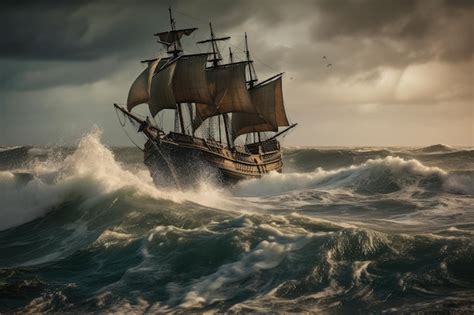 Premium AI Image Pirate Ship Sailing On The Stormy Ocean Waves