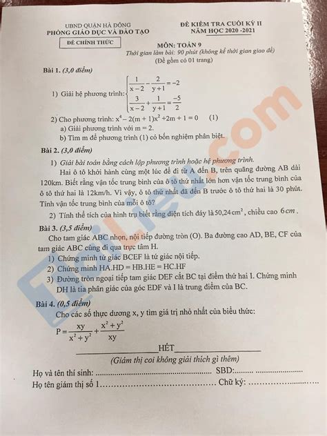 Đề Thi Học Kì 2 Lớp 9 Môn Toán 2021 Phòng GdandĐt Hà Đông Hà Nội