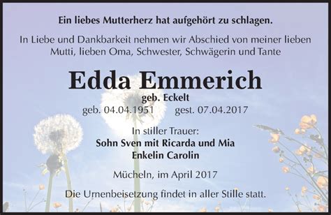 Traueranzeigen Von Edda Emmerich Abschied Nehmen De