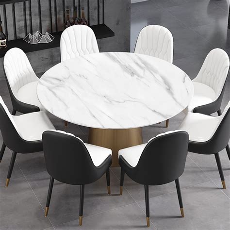 Modern Round Pedestal Marble Dining Table Golden Stainless Steel Base