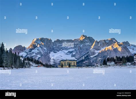 Lake Misurina Lago Di Misurina In Winter At Sunrise With Cristallo