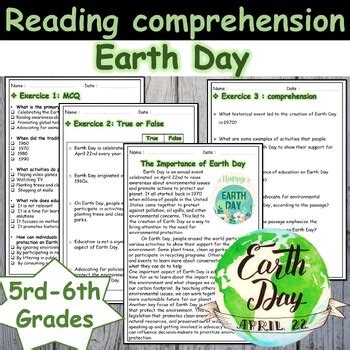 Earth Day Reading Comprehension Passage April Activities Spring Th Th