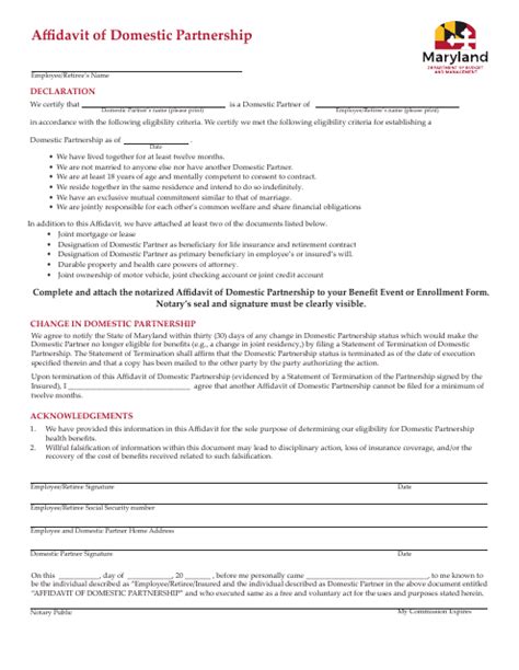 Maryland Affidavit Of Domestic Partnership Fill Out Sign Online And