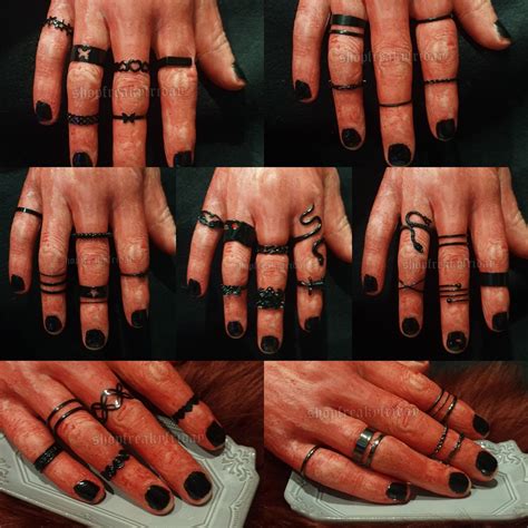 On Hand Black Midi Ring Set Snake Bat Frog Butterfly Star Rings