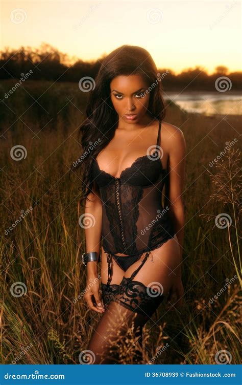 Beautiful African American Woman Wearing Black Lingerie Stock Image