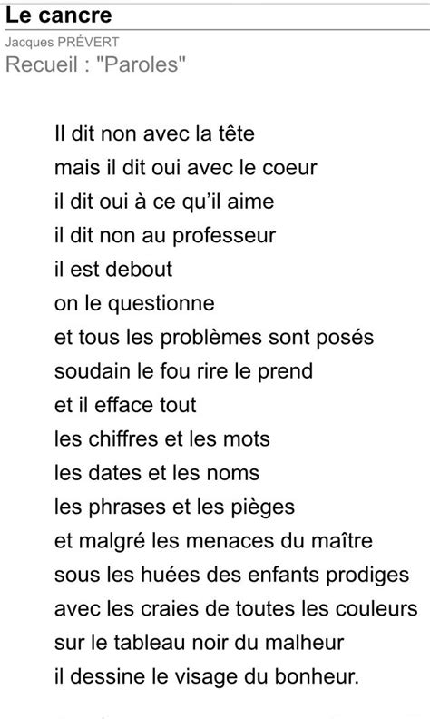 Jacques Prévert Le Cancre Prevert Jacques Poesie Ecole Poésie Rentrée