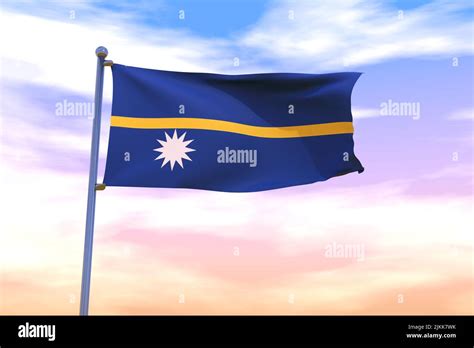 Waving Flag Of Nauru With Chrome Flag Pole In Blue Sky Waving In The