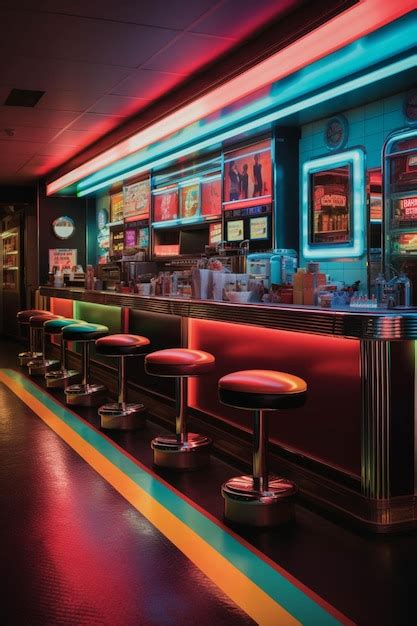 Premium Ai Image Brightly Lit Bar With Stools And Neon Lights In A