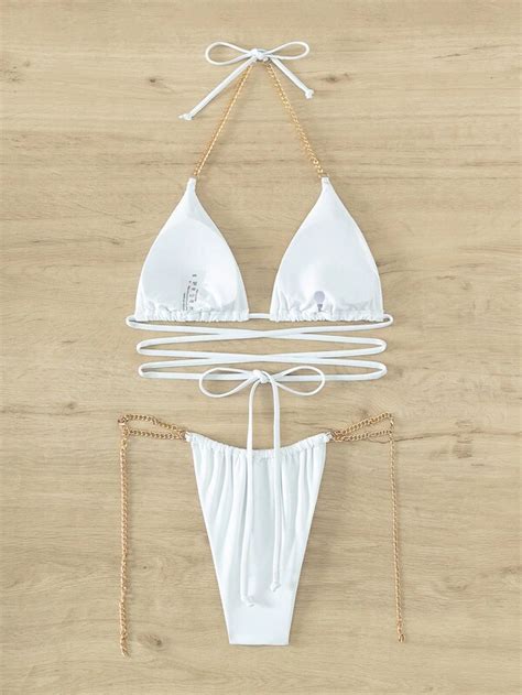 SHEIN Swim SXY Solid Chain Linked Halter Thong Bikini Swimsuit SHEIN USA