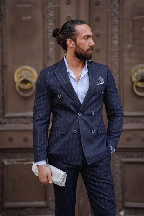 Evo Dark Blue Slim Fit Double Breasted Pinstripe Suit Brabion