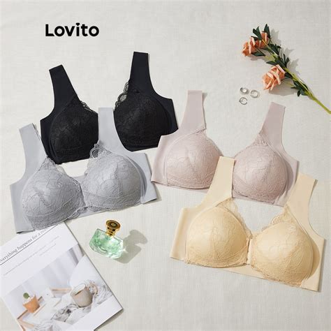 Lovito Plus Size Curve Casual Plain Front Close Contrast 3 4 Coverage No Pads Lace Bra L31ed031