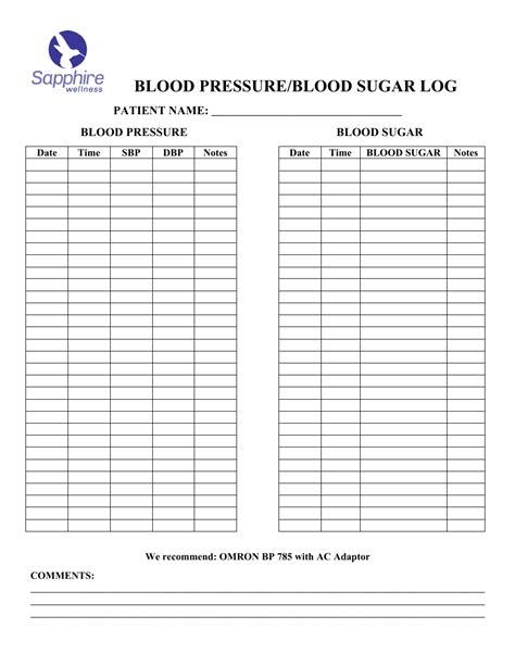 Blood Pressure/Blood Sugar Log Template - Sapphire Wellness Download ...