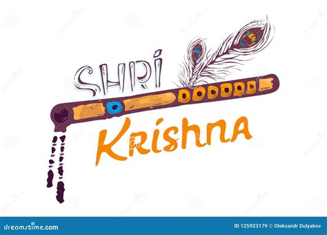 Hand Lettering Text Shree Krishna Flute Peacock Feather On White