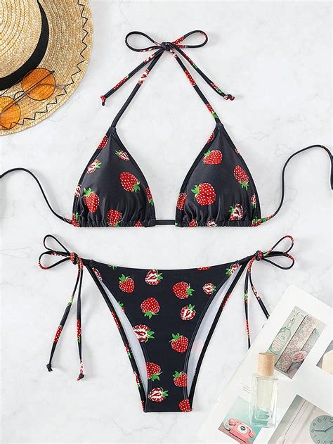 SHEIN Swim Mod Strawberry Print Halter Triangle Tie Side Bikini