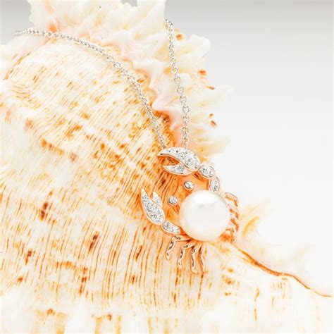 Pearl Crab Necklace With White Crystals And Rose Gold Ocean Jewelry