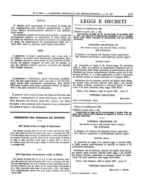 Carta Del Lavoro Gazzetta Ufficiale Del Regno D Italia 1927 04 30 A