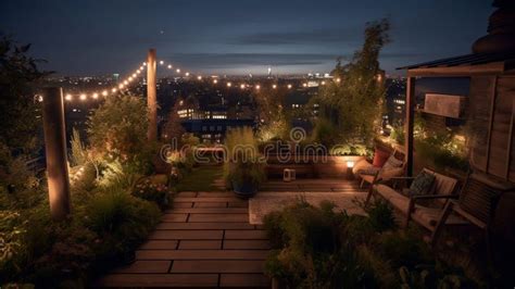 A Night Rooftop Garden, Illustration, Generative AI Stock Illustration ...