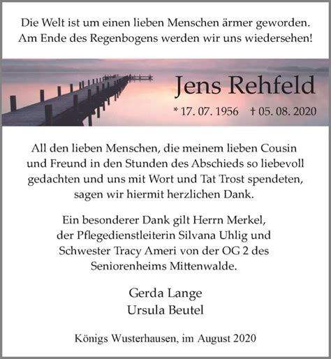 Traueranzeigen Von Jens Rehfeld Trauer Anzeigen De