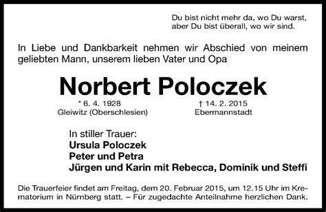 Traueranzeigen Von Norbert Poloczek Trauer Nn De