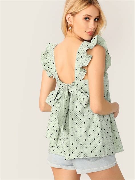 SHEIN Ruffle Armhole Tie Back Heart Dot Print Top