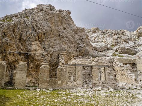 Abandoned Shelter In Tofane Dolomites Mountains Panorama Stock