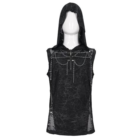 Mens Gothic Skull Mesh Splice Chain Tank Top With Hood Punk Design