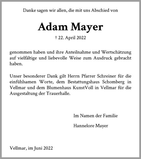 Traueranzeigen Von Adam Mayer Trauer Hna De