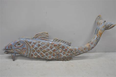 Large Hand Carved Solid Wood Koi Fish Carving Sculpture Figure Blue