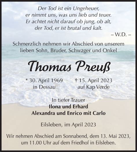 Traueranzeigen Von Thomas Preu Abschied Nehmen De