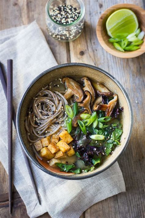 Miso And Soba Noodle Soup With Roasted Sriracha Tofu And Shiitake