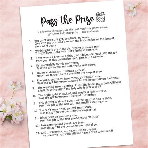 Pass The Prize Bridal Shower Game Pass The Poem Bridal Etsy Australia