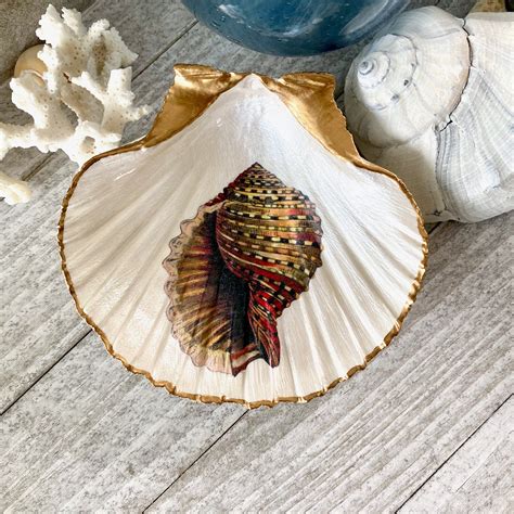 Gold Scallop Shell Seashell Decoupage Sea Shell Dish Ring Etsy