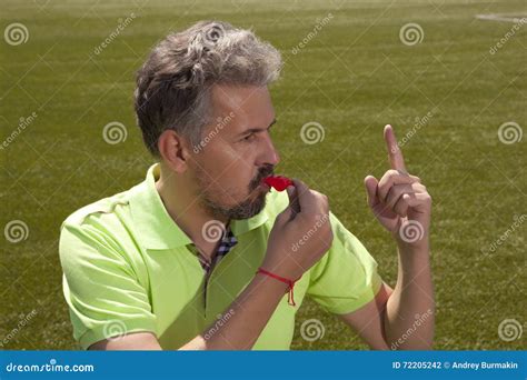 Angry Football Referee Blowing A Whistle Stock Photo Image Of Point