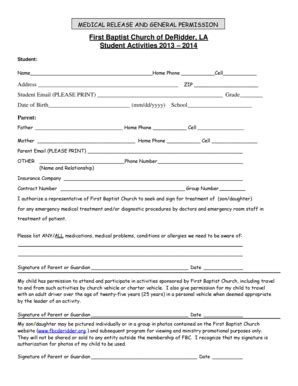 Fillable Online Fbcderidder FBC Permission Medical Release Form 2013