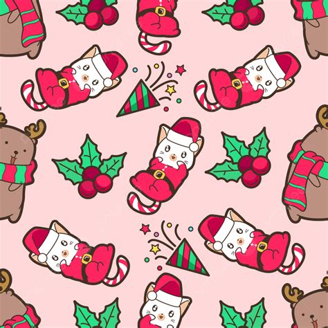 Seamless Santa Claus Cat And Reindeer With Christmas Day Pattern