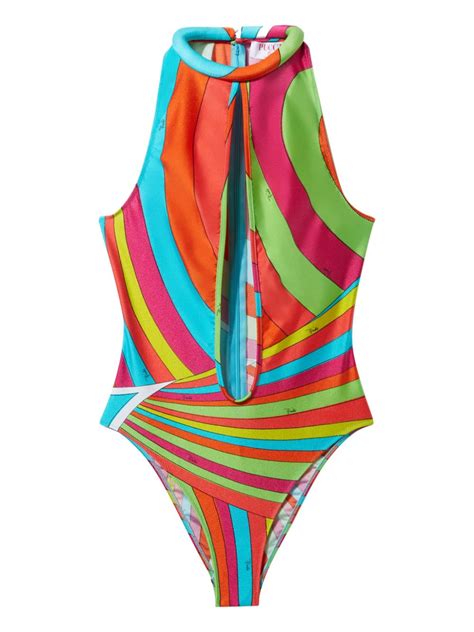 PUCCI Iride Print Halterneck Swimsuit Farfetch