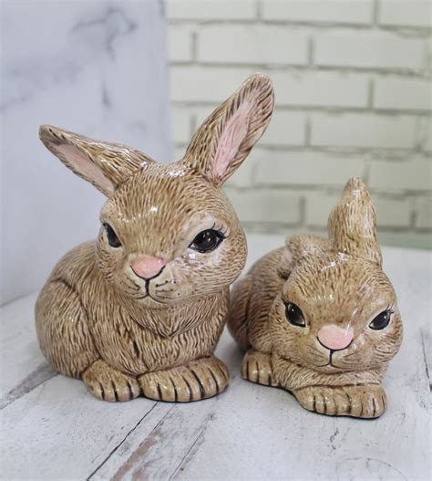 Vintage Handmade Handpainted Ceramic Rabbit Figurines Pair Of Bunnies