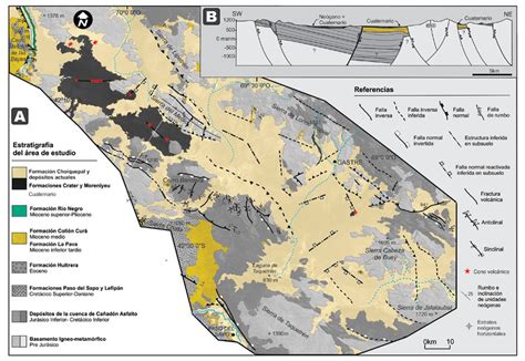 Geología del área de estudio a Estratigrafía y Mapa Geológico b