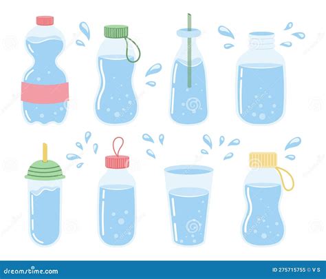 A Set Of Different Containers With Clean Water Glasses Bottles The