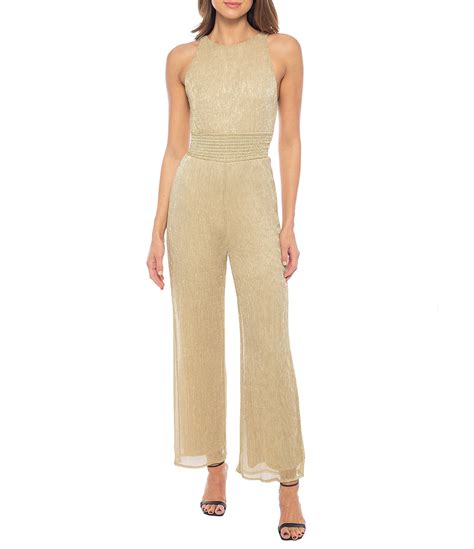 Marina Sleeveless Halter Neck Metallic Smocked Waist Jumpsuit Dillards