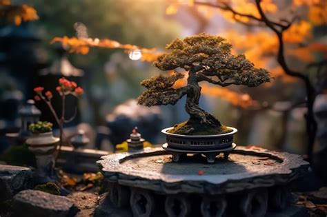 Premium AI Image | A bonsai tree in the fall with the sun behind it