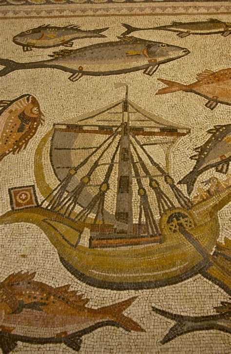 DSC_0452 Sailing ship, sunbather; Roman floor mosaic from Lod, Israel; Penn Museum, Philadelphia ...