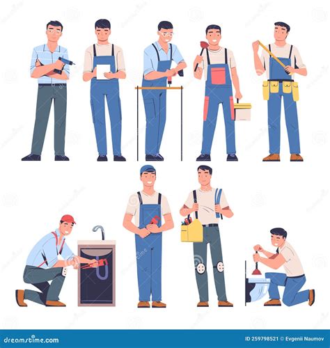 Plumber and Repairman in Blue Uniform with Tool and Instrument Working