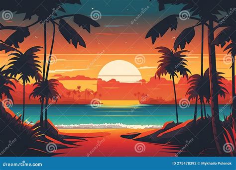 Synthwave Neon Landscape With Palm Trees And Sunset Retro Style Background Stock Illustration