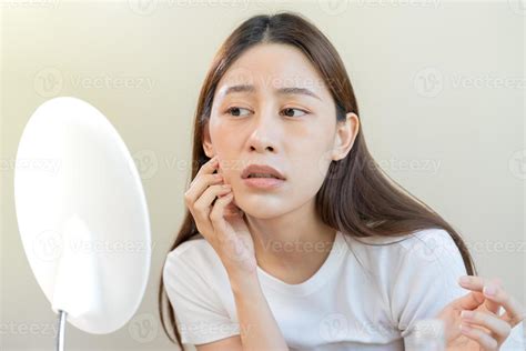 Dermatology Puberty Asian Young Woman Girl Looking Into Mirror