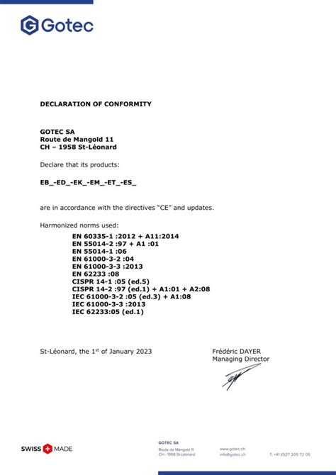 Déclaration de conformité EB ED EK EL EM ET ES 2023 Gotec SA