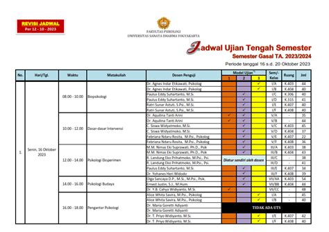 Psikologi USD Jadwal UTS Semester Gasal TA 2023 2024