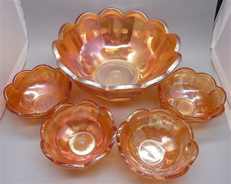 Vintage Northwood Flute Marigold Carnival Glass Berry Bowl Set 1 Large 4 Small Ebay