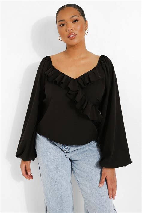 Womens Black Plus Ruffle Plunge Volume Sleeve Blouse Boohoo Uk