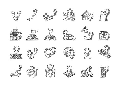 Gps Map Pin Doodle Icons Set Hand Drawn Travel Destinations Signs And